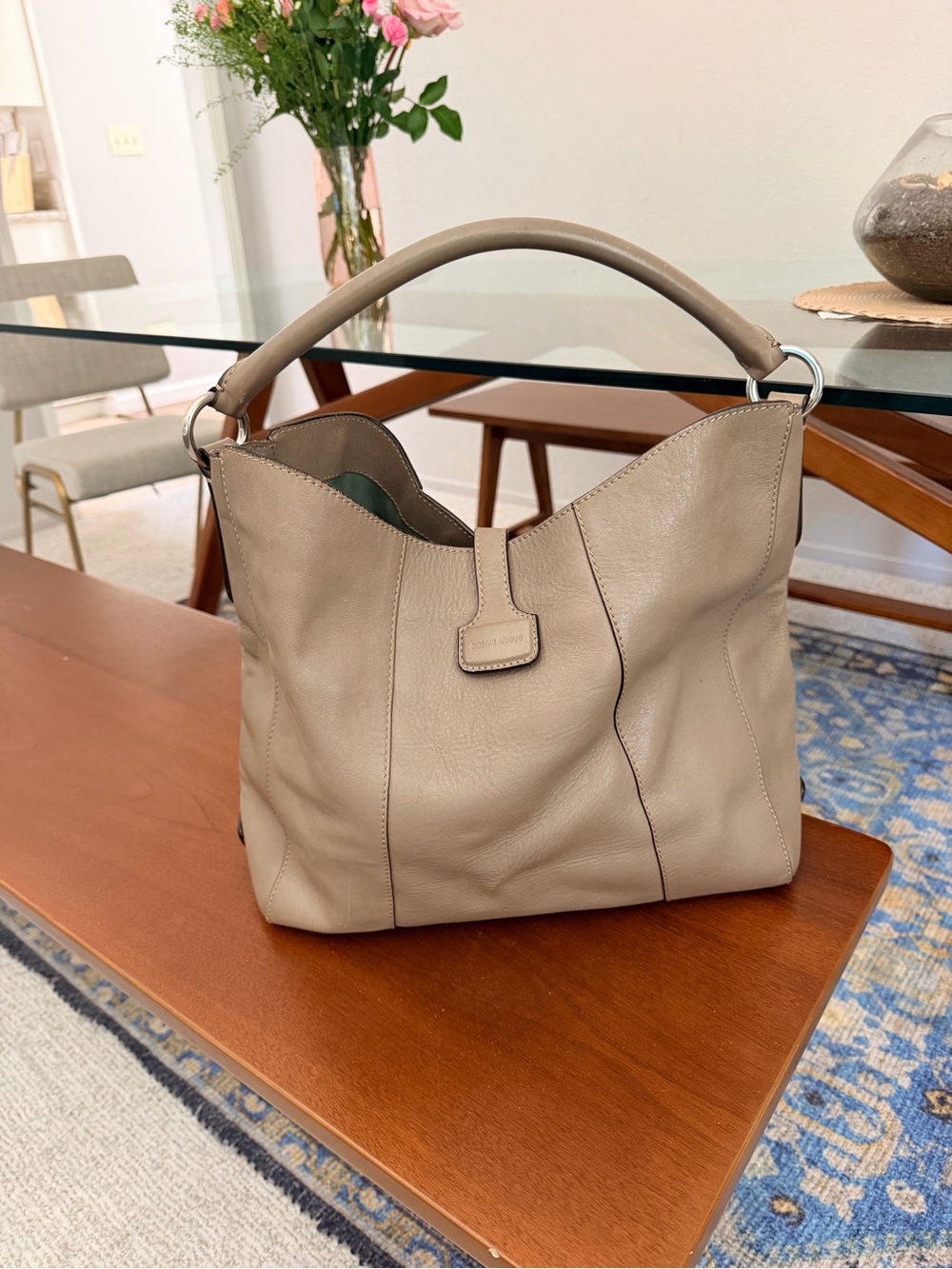 Giorgio Armani medium taupe leather bucket flap bag purse